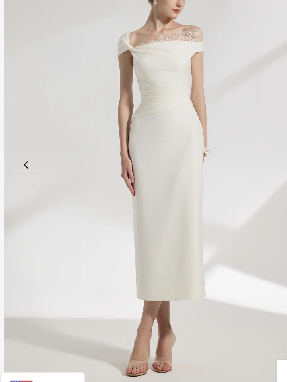 Off-Shoulder Ivory Midi Dress with Lace Trim